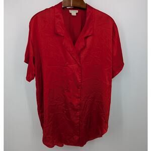 Vintage St Aromac Red Faux Silk Jacquard Button Blouse Size L 80s 90s Retro